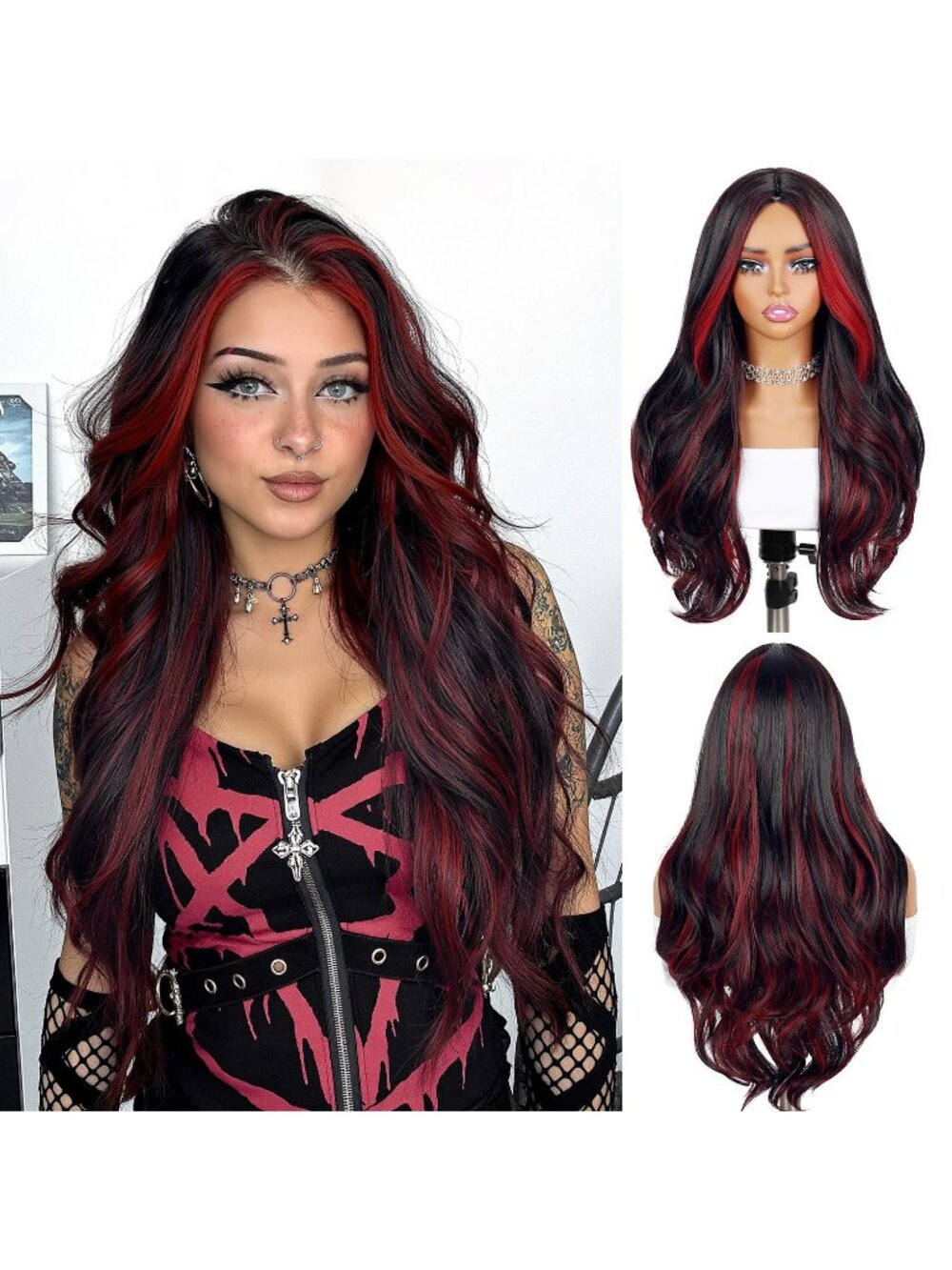 28Inch Women's Fashion Mix Red Soft Long Synthetic Wavy Curly Wig with Bangs